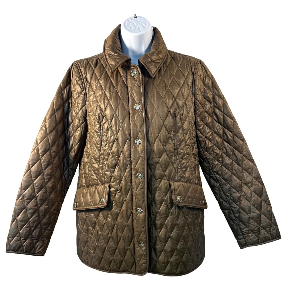 Chico's Quilted Barn Coat Diamond Pattern Button Front Jacket Bronze Size 1 NWOT